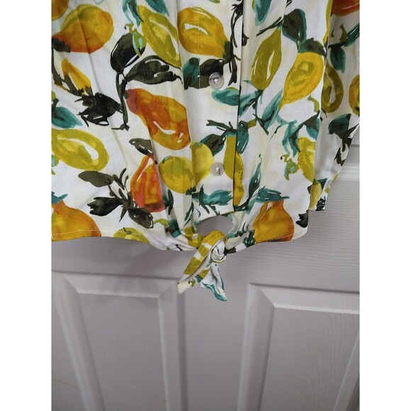 Ava James Woman L Shirt V Button Fruit Linen Blend Tie Front SS cropped - Picture 3 of 6